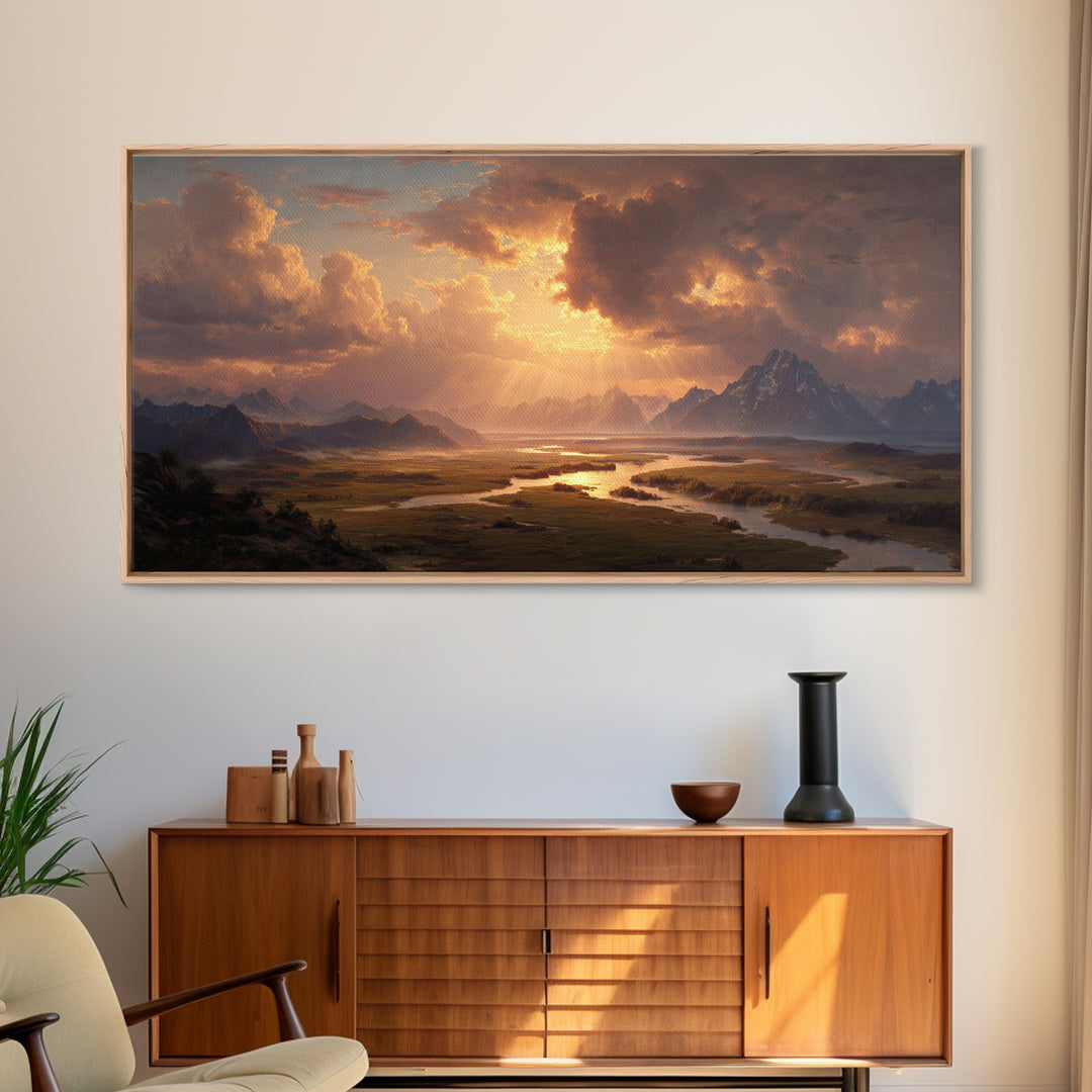 Sunset Mountain River Landscape Wall Art With Warm Golden Light Rays Illuminating Nature For Rustic Home Decor And Large Canvas Print