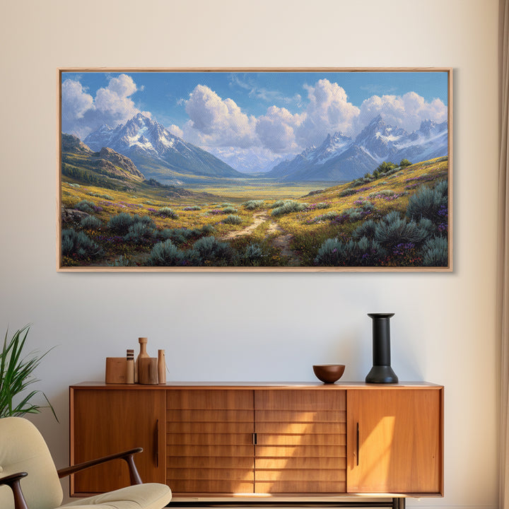 Stunning Realistic Mountain Landscape Painting Canvas Print Featuring Wildflowers And Blue Sky Large Wall Art For Living Room Decor