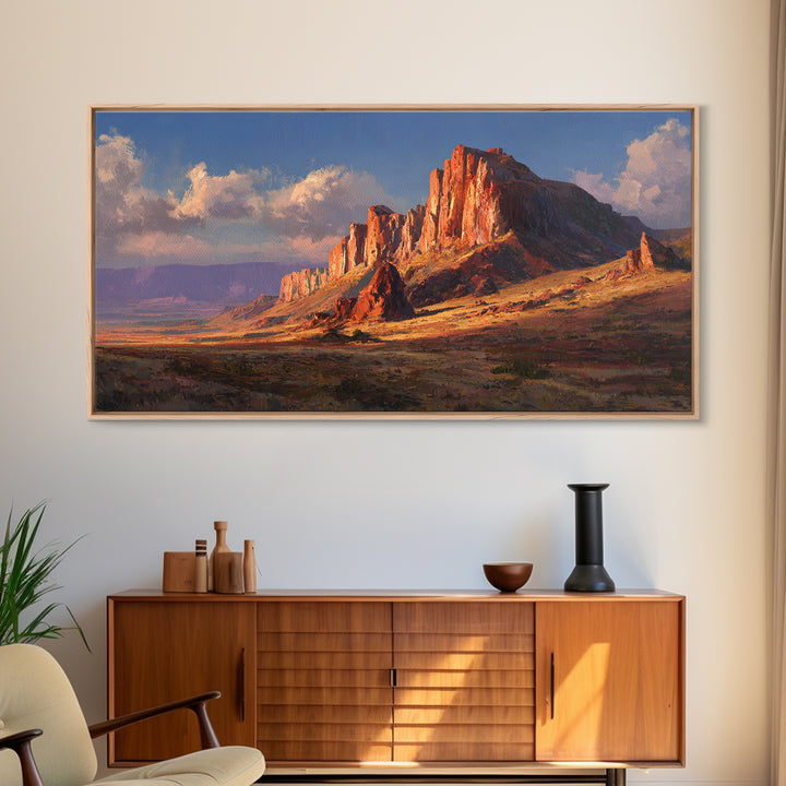 Warm Autumnal Mountain Landscape Oil Painting With Trees And Bridge Cozy Rustic Wall Art Framed Canvas