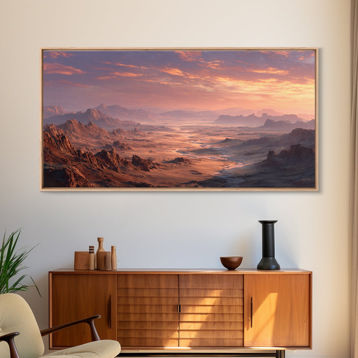 Expansive Desert Canyon Landscape With Warm Sunset Glow Moody Wall Art Framed Canvas Print Suitable For Living Room Decor
