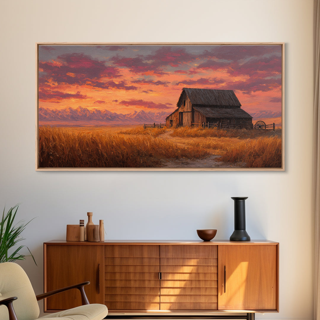 Rustic Old Wooden Barn With Wheat Field Landscape Rustic Wall Art Painted Canvas Print Farmhouse Decor Framed Wall Art