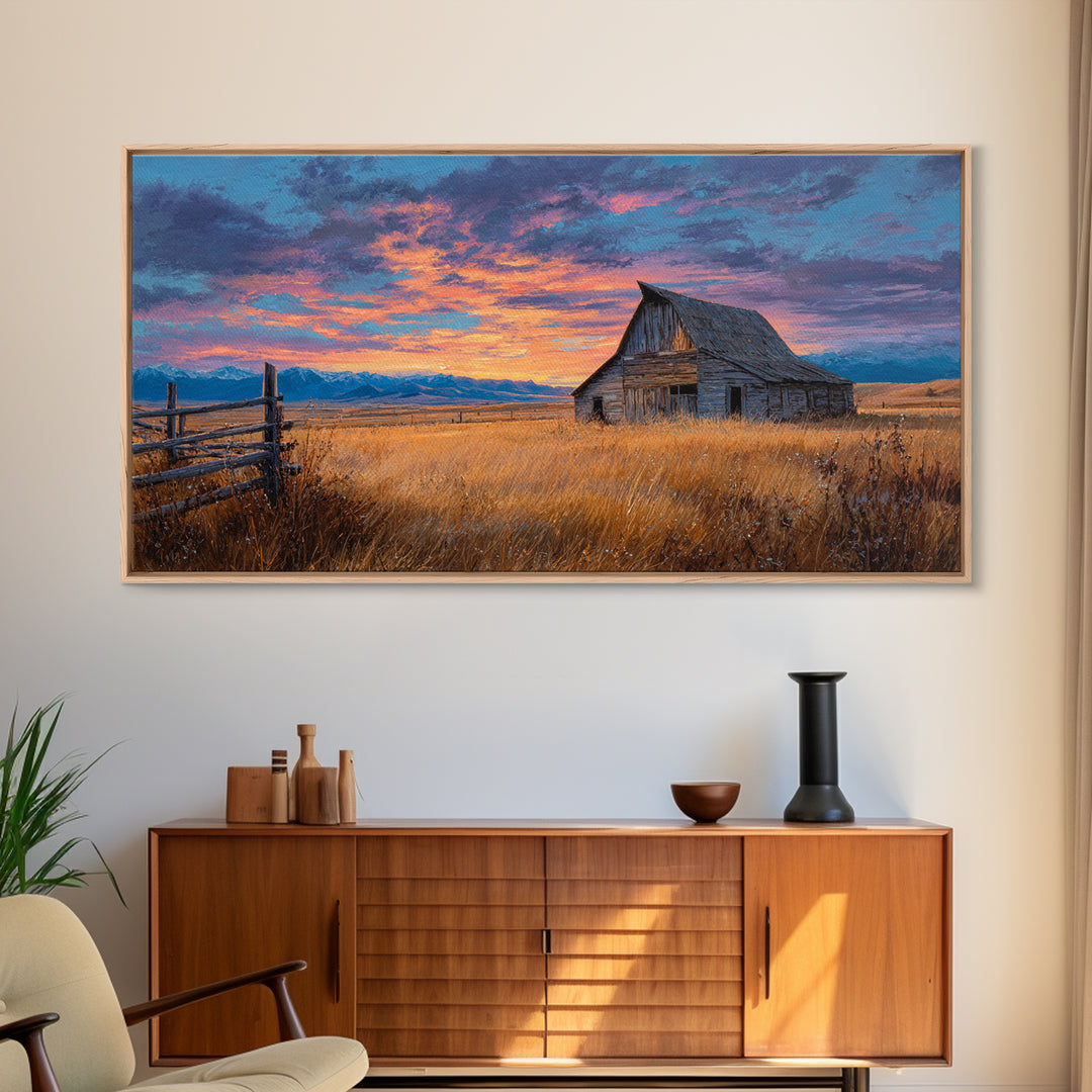 Rustic Barn Landscape Oil Painting With Golden Field And Mountain Background, Large Wall Art Canvas Print For Farmhouse Decor