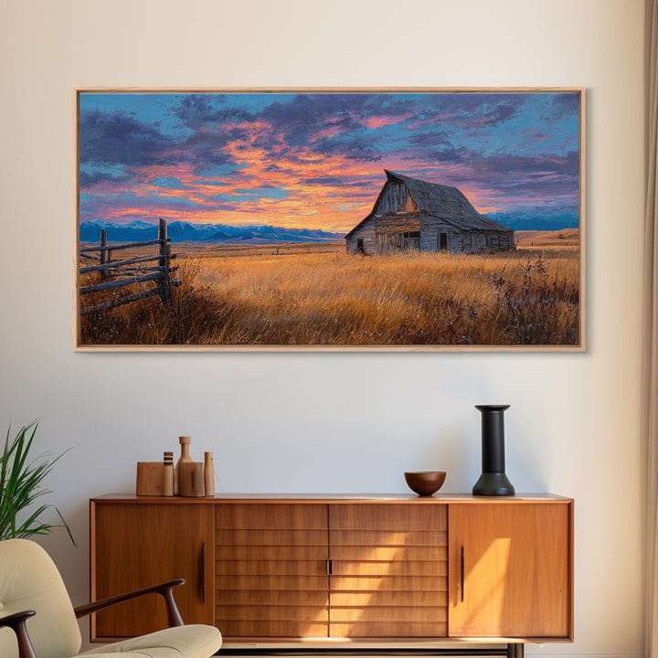 Rustic Barn Landscape Oil Painting With Golden Field And Mountain Background, Large Wall Art Canvas Print For Farmhouse Decor