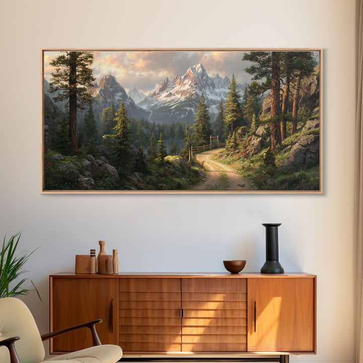Majestic Mountain Path With Lush Pine Trees Wall Art Framed Canvas Print Landscape Painting For Rustic Home Decor Cabin Art