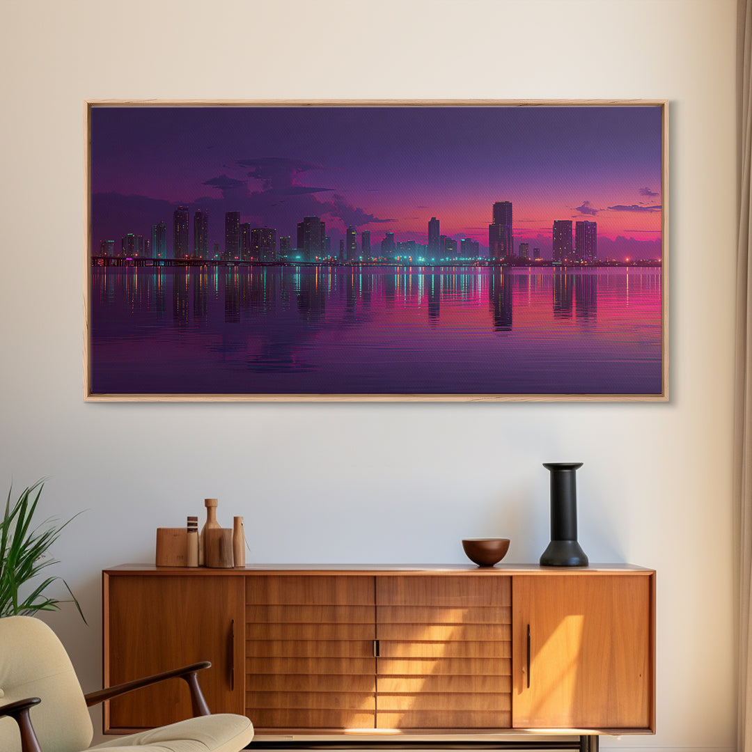 City Skyline At Dusk Stunning Sunset Colors Reflecting On Water Large Wall Art Framed Canvas Print Home Decor