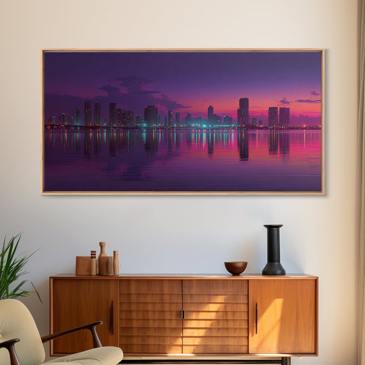 City Skyline At Dusk Stunning Sunset Colors Reflecting On Water Large Wall Art Framed Canvas Print Home Decor