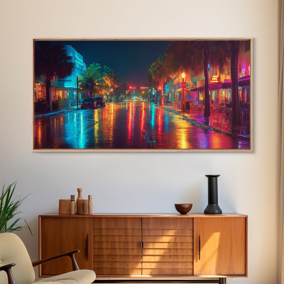 Colorful Night City Street With Neon Lights And Reflections On Wet Pavement Modern Wall Art Print Canvas