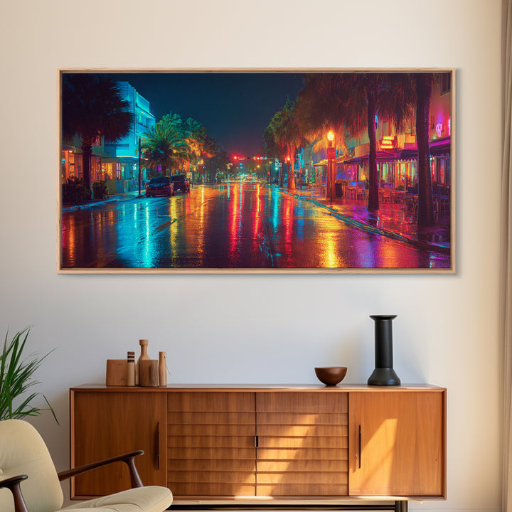 Colorful Night City Street With Neon Lights And Reflections On Wet Pavement Modern Wall Art Print Canvas