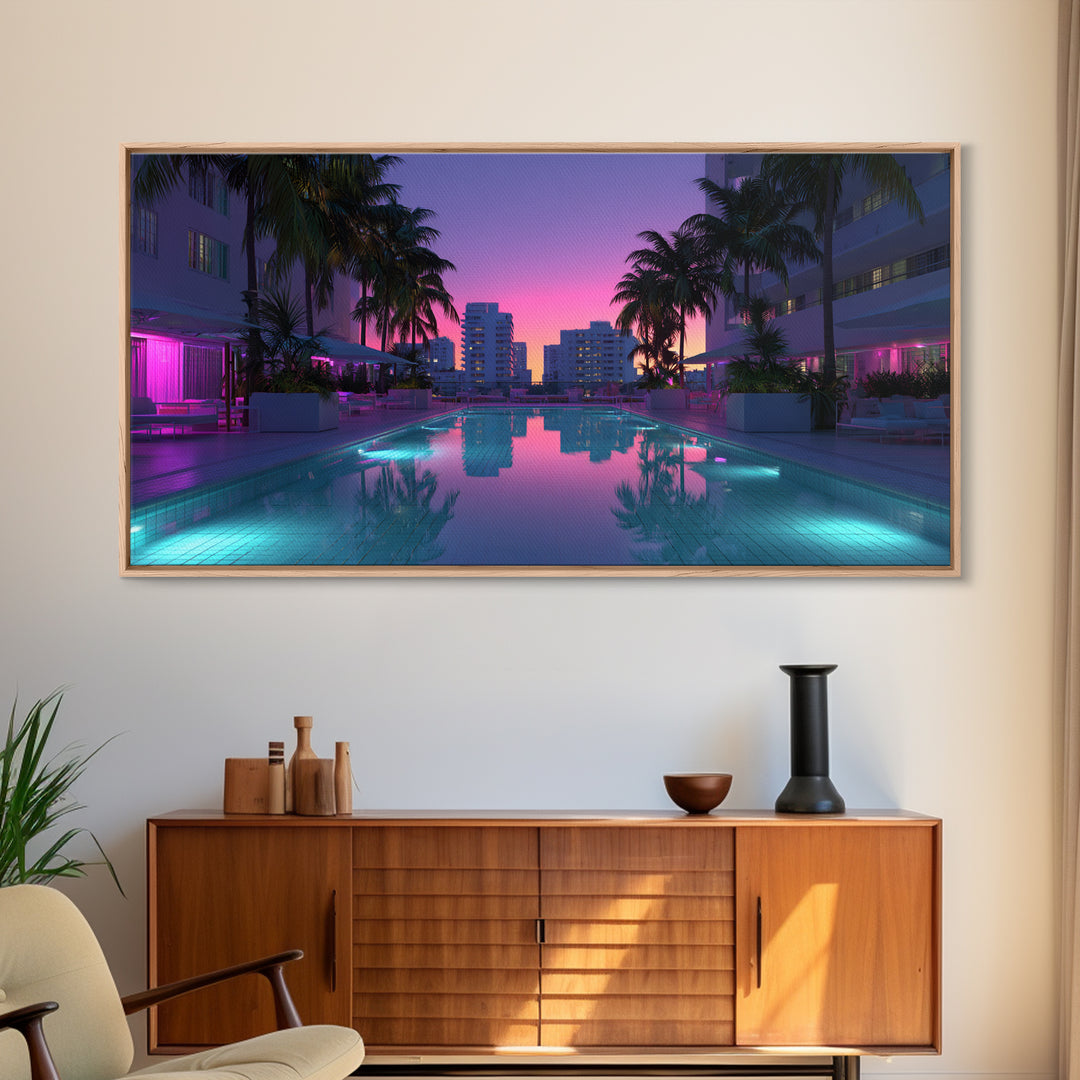 Luxury Modern Miami City Pool Sunset Palm Trees Reflected In Water For Chic Living Room Decor Framed Canvas Print