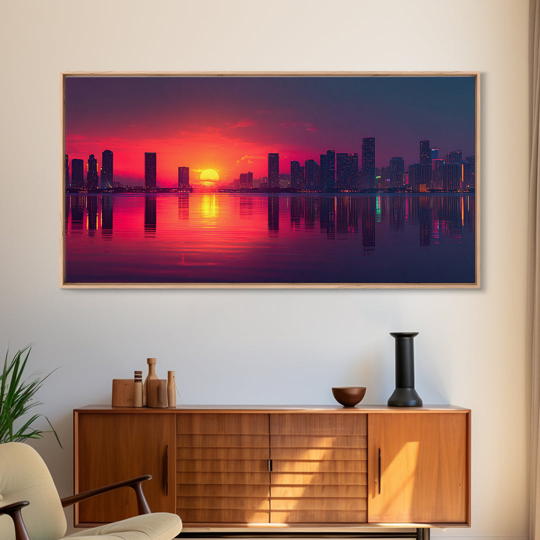 Vibrant Sunset Over City Skyline Reflected On Water Contemporary Wall Art For Living Room Decor Framed Canvas Print With Modern Home Decor Appeal