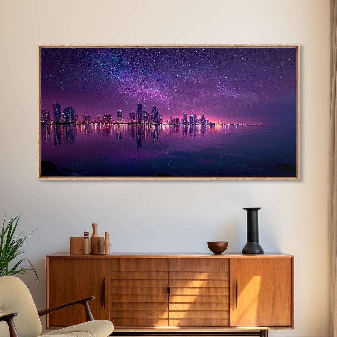 Vibrant Neon Purple City Skyline At Night With Starry Sky Reflections Wall Art Modern Wall Decor Canvas Print