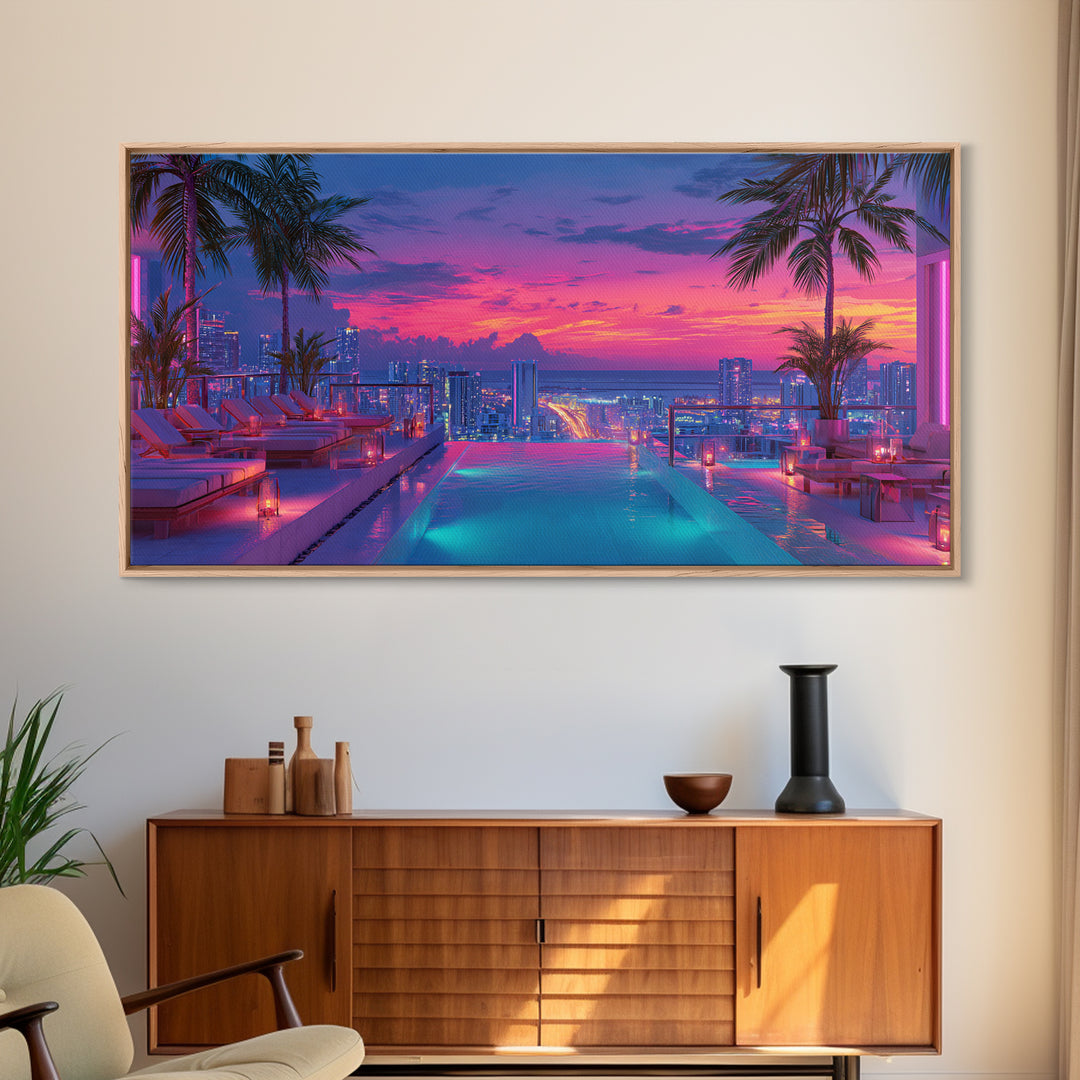Vibrant Sunset Rooftop Pool Scene With Palm Trees And Cityscape Background Wall Art For Home Decor Framed Canvas Print