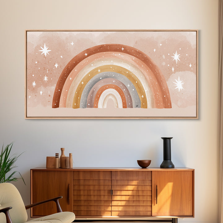 Starry Watercolor Rainbow Wall Art, Pastel Nursery Decor, Kids Room Wall Art, Boho Prints, Baby Shower Gift, Framed Canvas Print