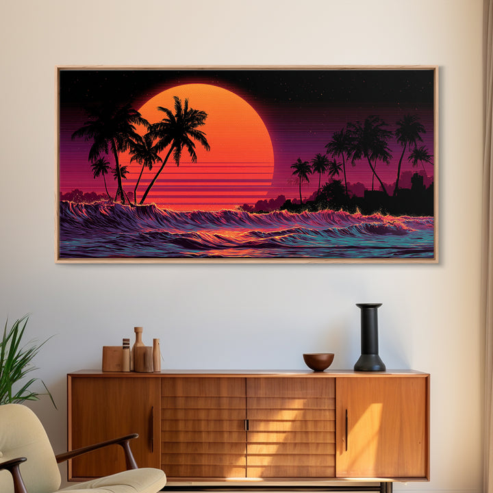 Retro Sunset Palm Trees Digital Art Canvas Print Wall Art Living Room Decor Tropical Beach Scene Large Framed Canvas Print Home Decor