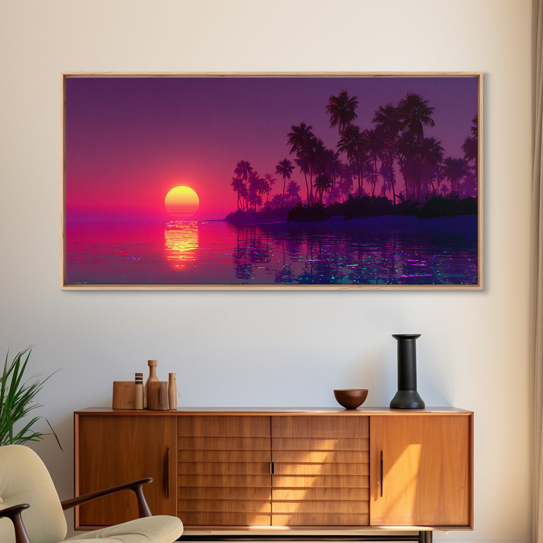Tropical Sunset Beach Scene With Palm Trees Framed Canvas Print, Vibrant Coastal Wall Art For Living Room And Tropical Home Decor