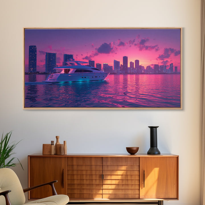 Luxury Yacht Sailing At Vibrant Pink Sunset Skyline With Modern Cityscape Featured As Wall Art For Home Decor
