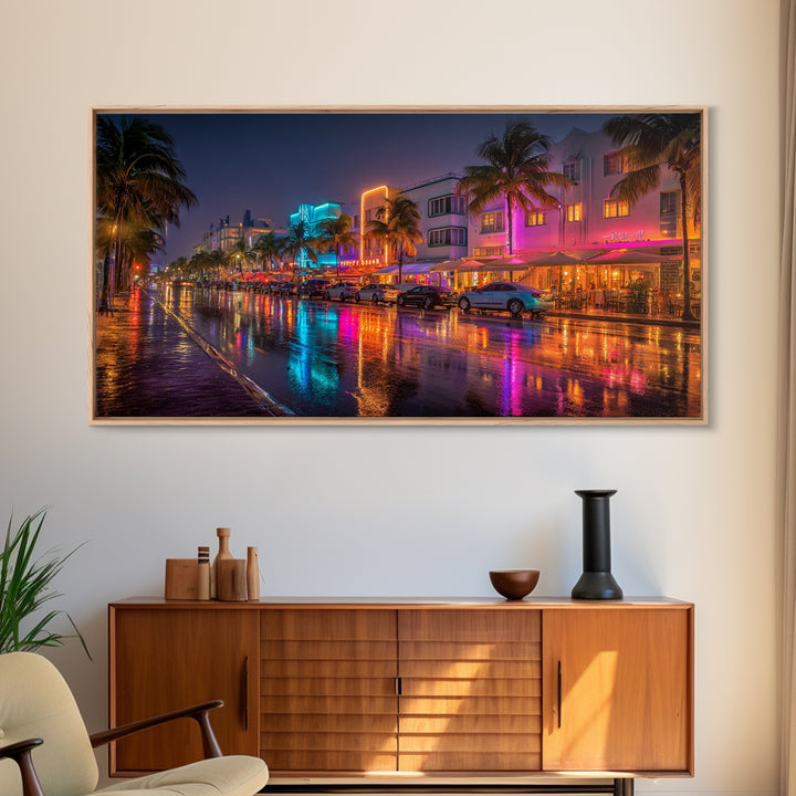 Neon City Night Street Scene Vibrant Urban Wall Art Canvas Print Modern Home Decor Living Room Art