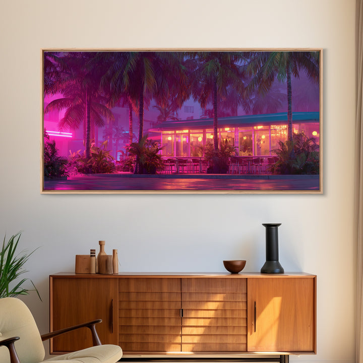Vibrant Neon Lit Tropical Cafe At Night Palm Trees Retro Miami Style Wall Art Prints For Home Decor
