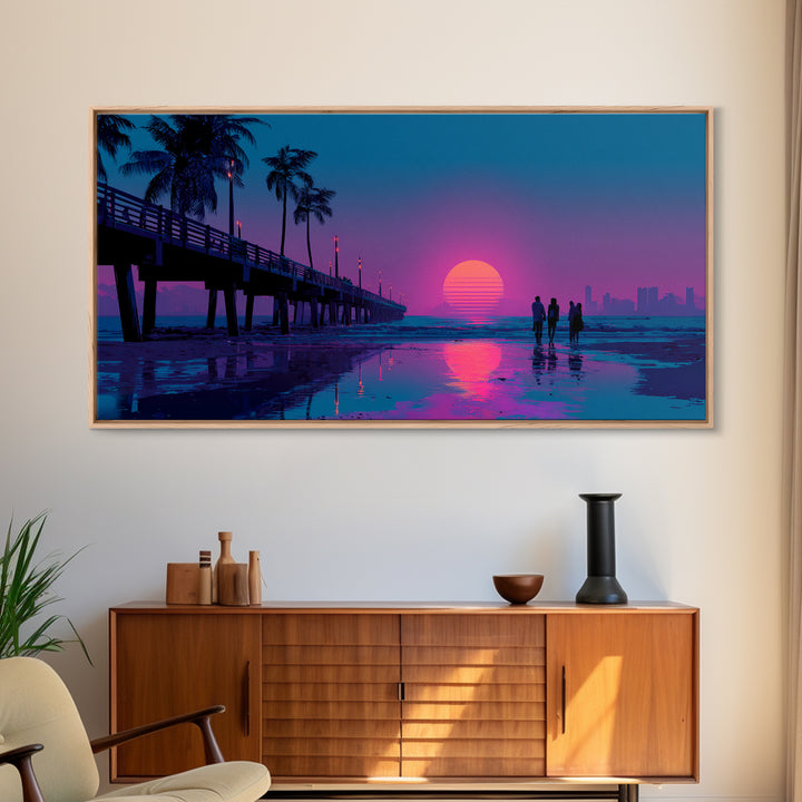 Vibrant Neon Sunset Beach Scene With Silhouettes Of People Framed Canvas Print Coastal Wall Art For Modern Living Room And Bedroom Decor