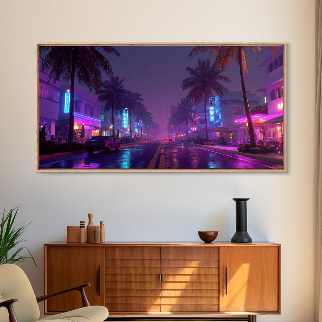 Night City Street Scene With Neon Lights And Palm Trees, Framed Canvas Print For Retro Wall Art And Miami Home Decor