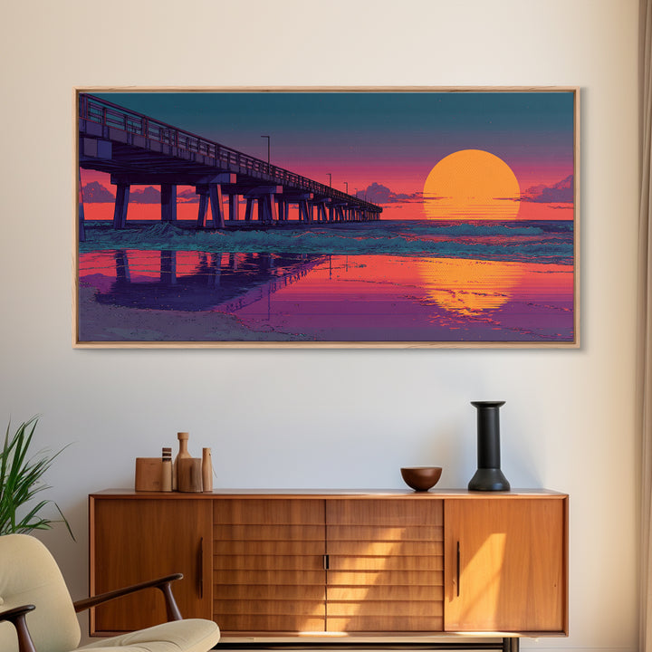 Sunset Pier Over Calm Ocean Waves Vibrant Pink Purple Beach Scene Wall Art Framed Canvas Print Coastal Home Decor