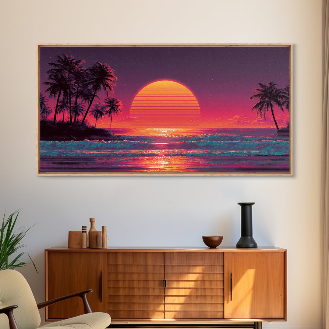 Vibrant Retro Sunset Tropical Beach Scene Digital Art Print Wall Art Framed Canvas Print Coastal Home Decor