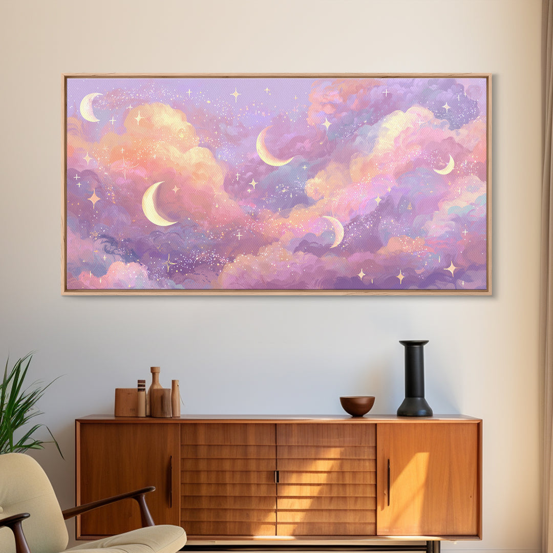Pastel Crescent Moon Cloud Wall Art, Celestial Wall Art, Dreamy Nursery Decor, Whimsical Decor, Pink Bedroom Art, Canvas Print