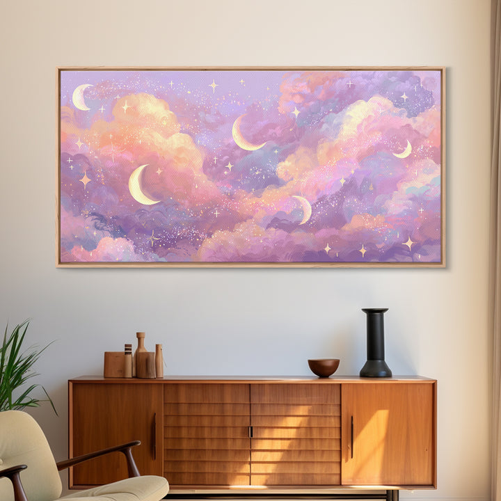 Pastel Crescent Moon Cloud Wall Art, Celestial Wall Art, Dreamy Nursery Decor, Whimsical Decor, Pink Bedroom Art, Canvas Print