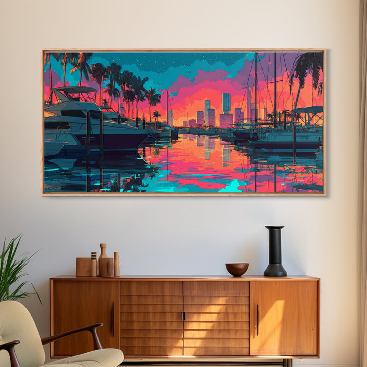 Colorful Harbor Scene With Boats Palm Trees And Sunset Sky Vibrant Contemporary Wall Art Canvas Print
