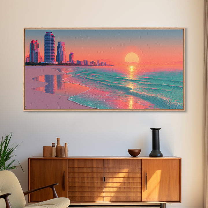 Vibrant Sunset Over Modern Coastal City Beach With Reflective Waves Wall Art Framed Canvas Print For Home Decor