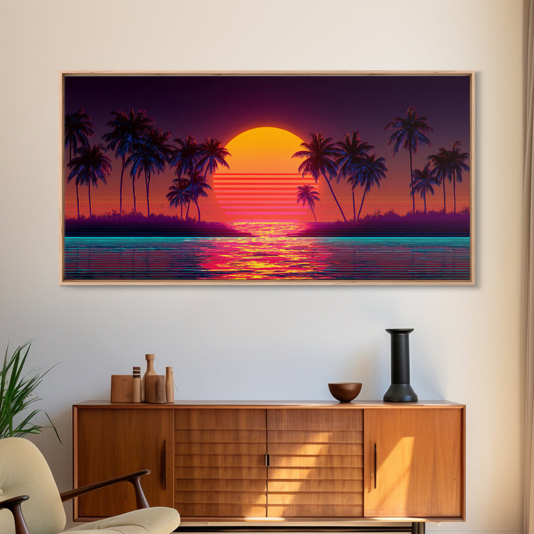 Retro Sunset Beach Palm Trees Digital Art Print Vibrant Coastal Wall Art Canvas Print Modern Boho Decor