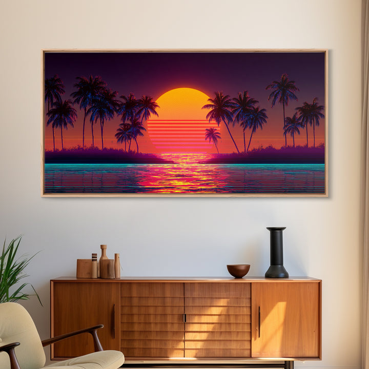 Retro Sunset Beach Palm Trees Digital Art Print Vibrant Coastal Wall Art Canvas Print Modern Boho Decor