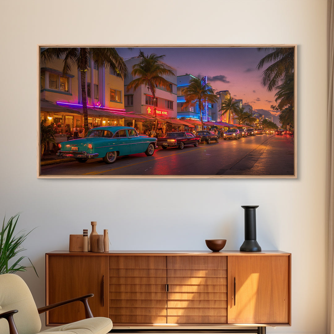 Vintage Urban Miami Beach Scene At Sunset With Classic Cars And Palm Trees Wall Art Canvas Print