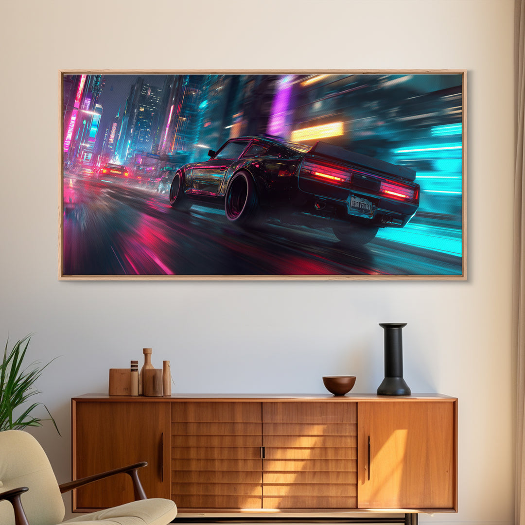 Neon Lit Sports Car Racing Down City Street At Night Featuring Vibrant Pink And Blue Modern Wall Art For Car Fans