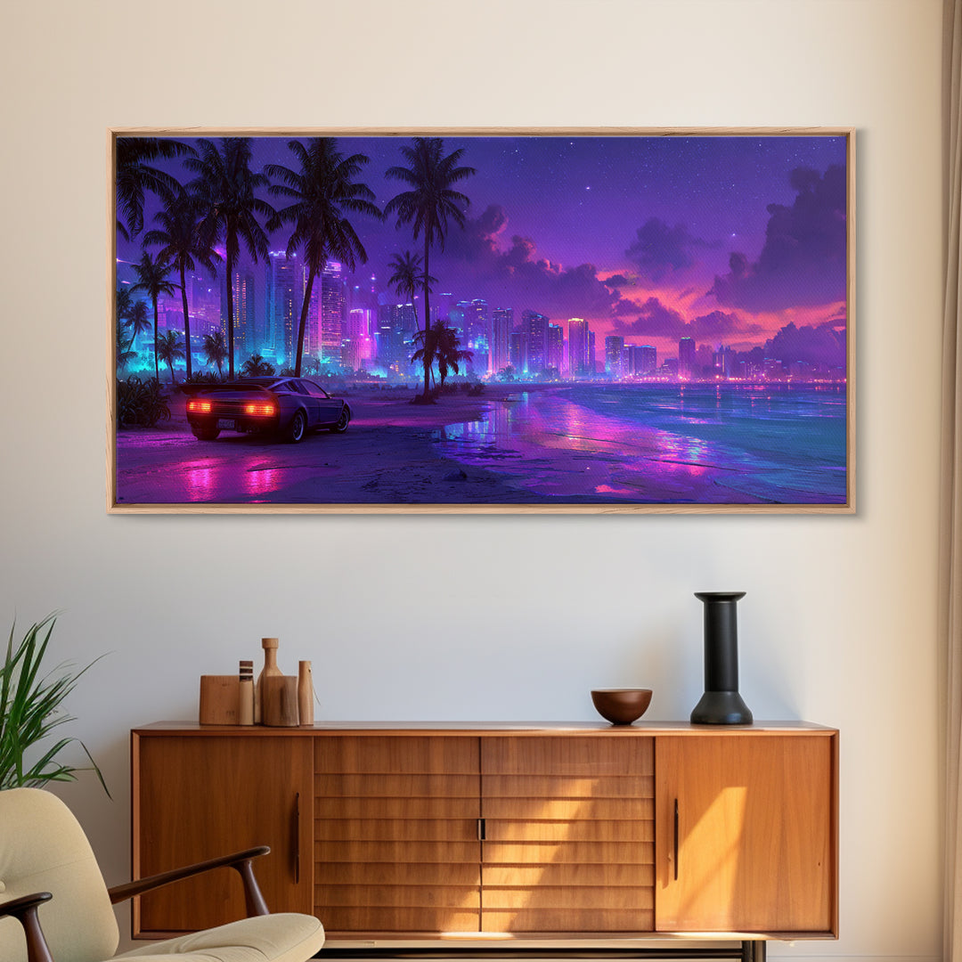 Cyberpunk Cityscape Night Scene With Neon Lights And Sports Car Modern Digital Art Canvas Print For Trendy Wall Art Home Decor