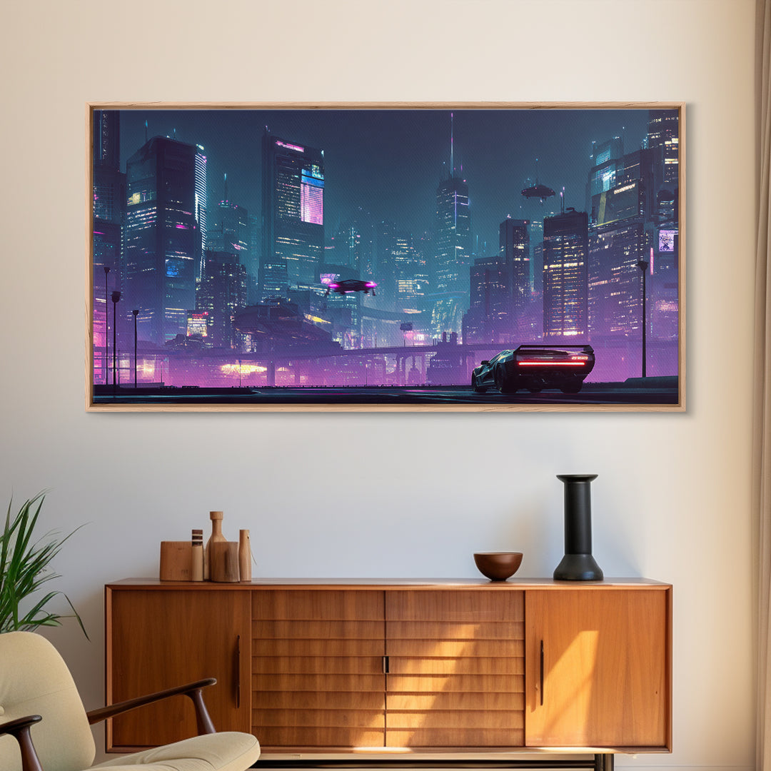 Futuristic Cyberpunk Cityscape At Night With Neon Lights And Hover Cars Wall Art, Vibrant Canvas Print For Modern Living Room Decor
