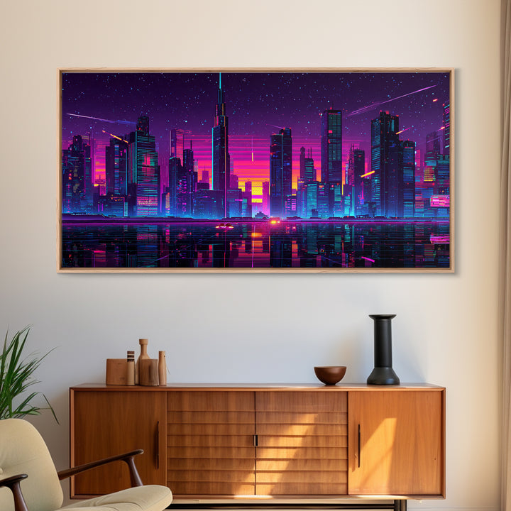 Vibrant Neon Cityscape With Reflective River And Pink Purple Sky Canvas Print Modern Urban Wall Art