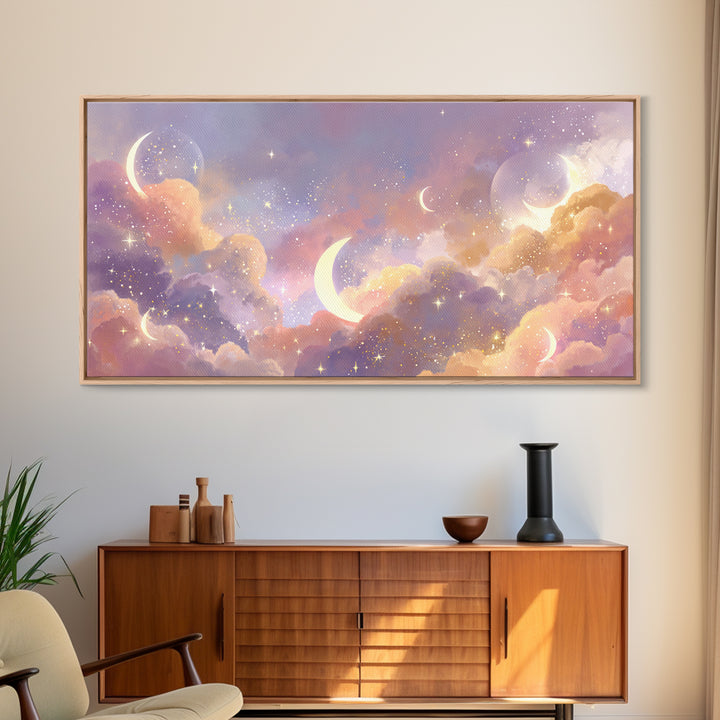Glowing Crescent Moon Clouds Wall Art, Celestial Decor, Galaxy Art, Space Wall Art, Dreamy Bedroom Decor, Framed Canvas Print