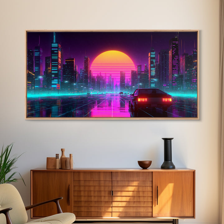 Vibrant Futuristic Cityscape Neon Lights Digital Artwork Modern Wall Art Canvas Print For Urban Living Room Decor