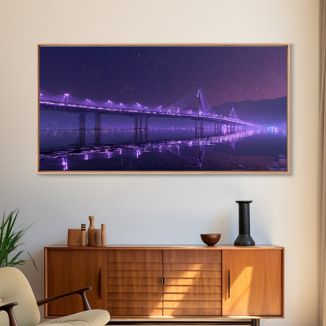 Nighttime Cityscape With Illuminated Bridge Over Waterstars Sky Reflections Beautiful Large Wall Art Framed Canvas Print