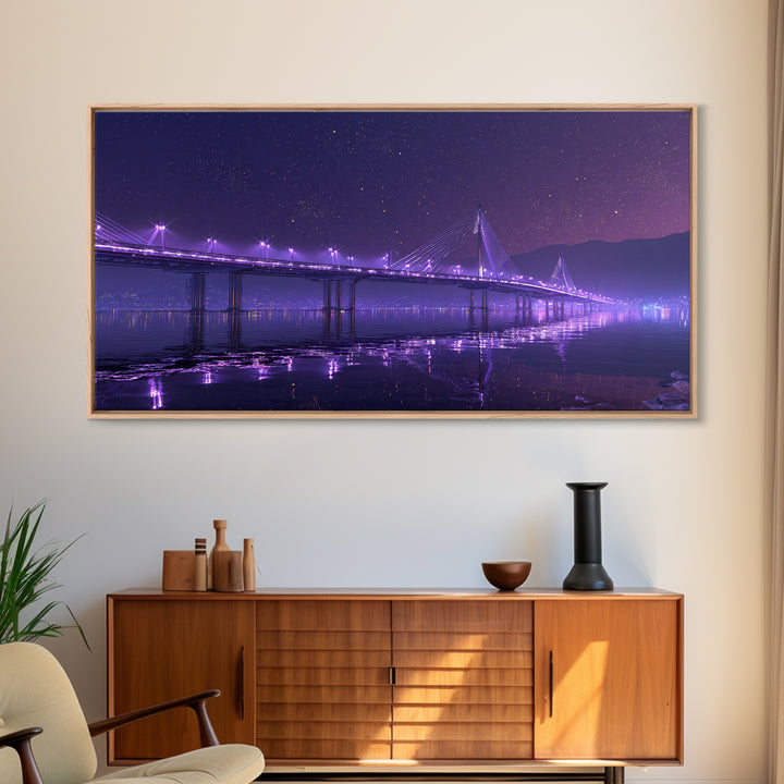 Nighttime Cityscape With Illuminated Bridge Over Waterstars Sky Reflections Beautiful Large Wall Art Framed Canvas Print