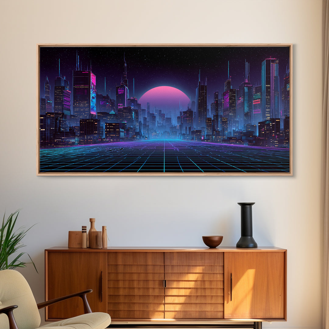 Cyberpunk Futuristic Cityscape Landscape With Neon Lights And Moon Framed Canvas Print For Modern Wall Art And Office Decor