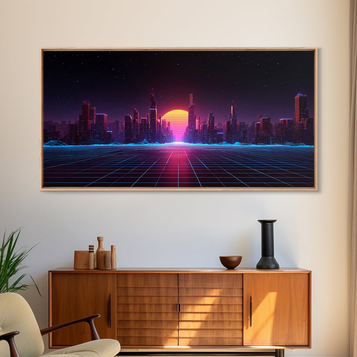 Futuristic Cyberpunk Neon City Digital Artwork With Vibrant Sunset And Grid-Like Road Abstract Sci-Fi Framed Canvas Print For Modern Wall Decor