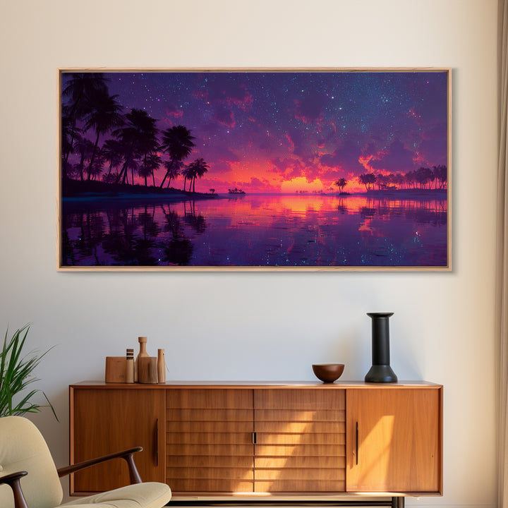 Tropical Sunset Beach With Palm Trees Landscape Painting Canvas Print For Coastal Wall Art