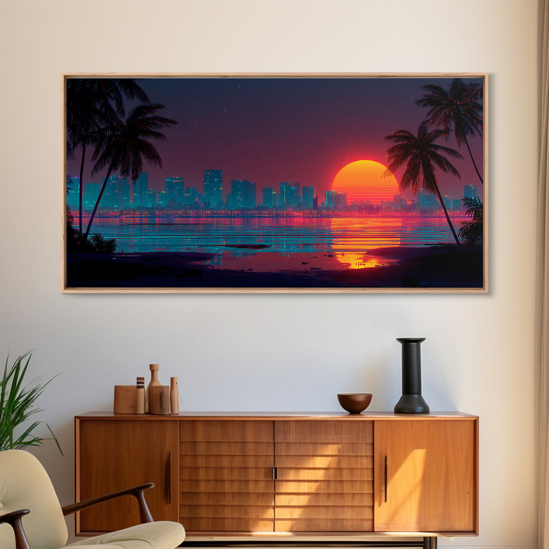 Futuristic Neon Cityscape With Illuminated Pyramid And Mountain Backdrop Modern Wall Art Framed Canvas Print
