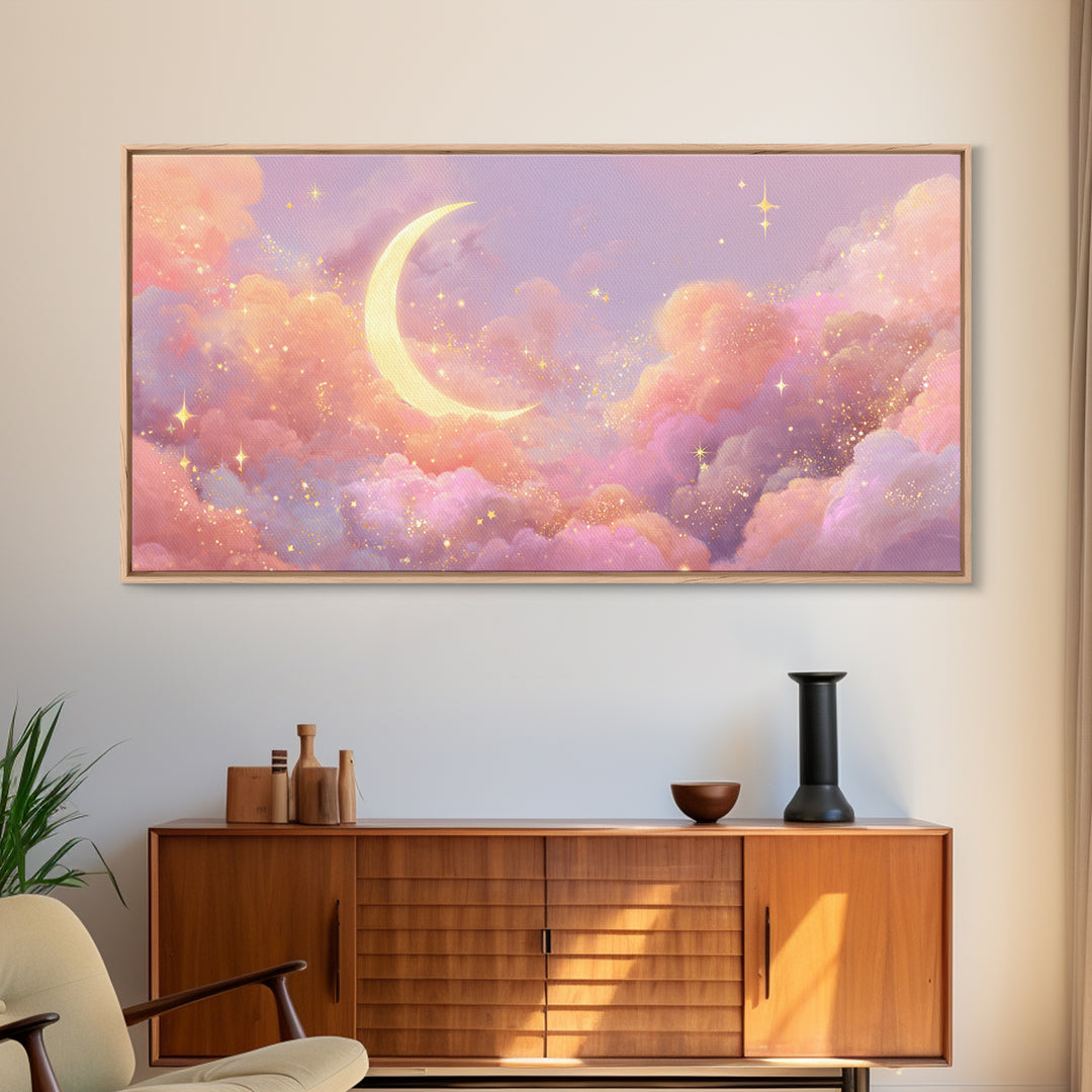 Golden Crescent Moon Clouds Wall Art, Pastel Celestial Decor, Pink Wall Art, Dreamy Nursery Art, Whimsical Decor, Canvas Print