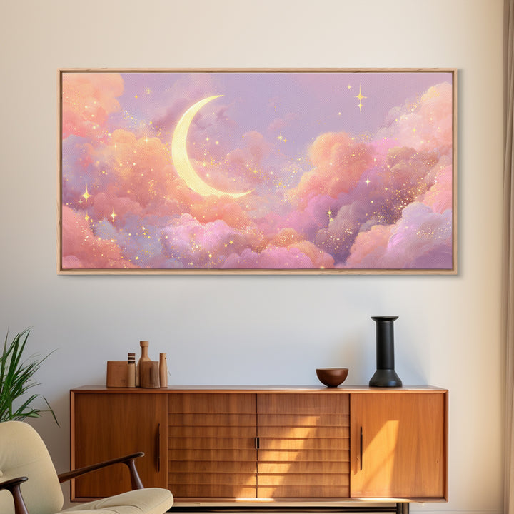 Golden Crescent Moon Clouds Wall Art, Pastel Celestial Decor, Pink Wall Art, Dreamy Nursery Art, Whimsical Decor, Canvas Print
