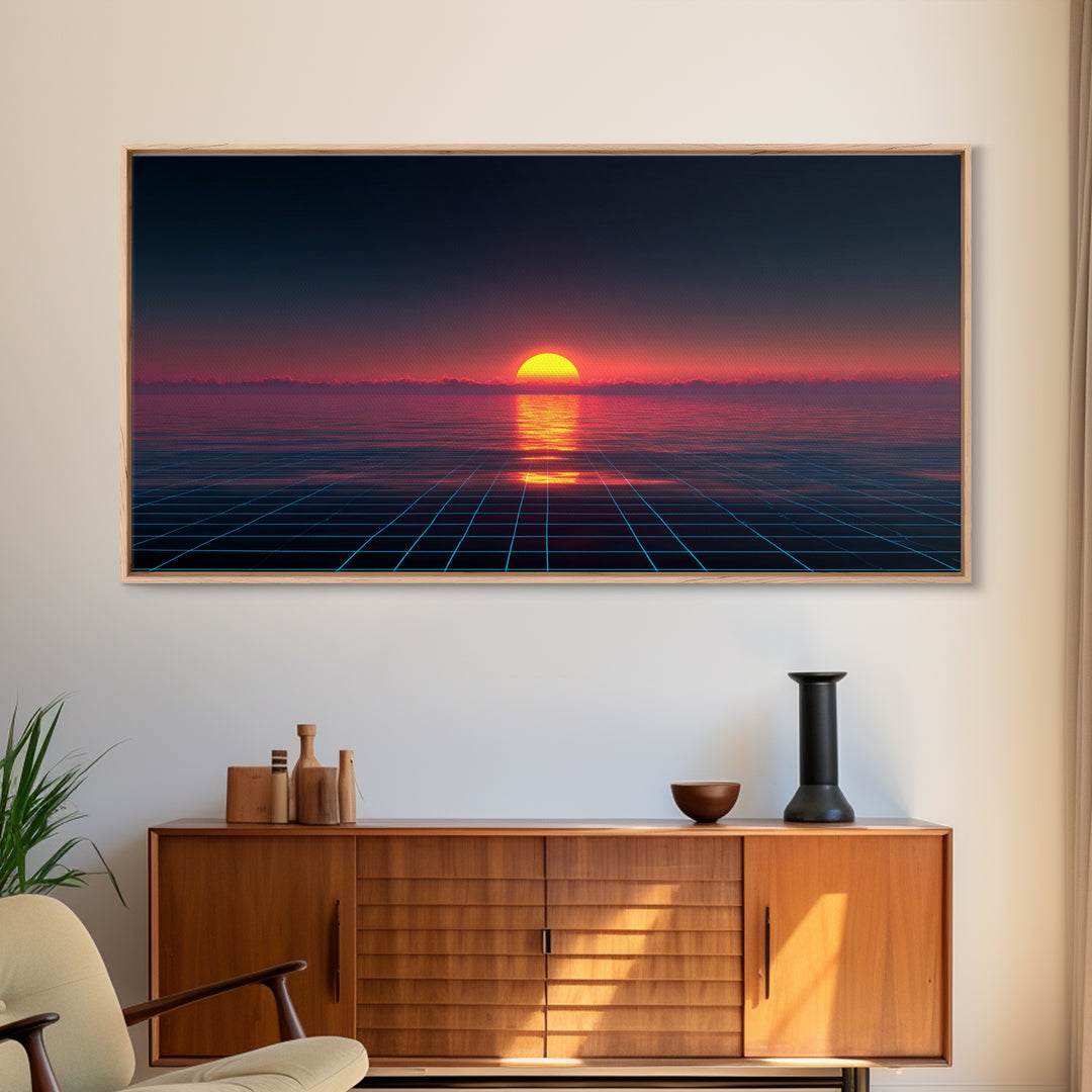 Retro Futuristic Sunset Over Ocean With Neon Grid Horizon Wall Art Modern Digital Canvas Print For Home