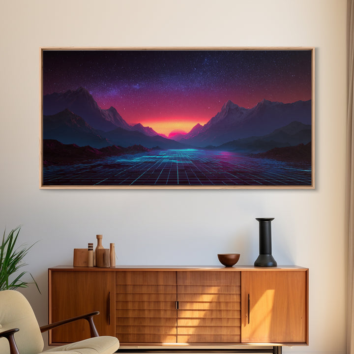 Futuristic Cyberpunk Landscape With Neon Mountains And Grid Canvas Print Modern Wall Art Home Decor Abstract Wall Decor