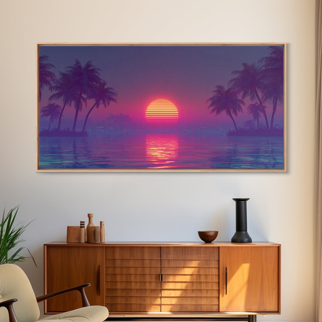 Vibrant Neon Cityscape At Night With Reflective Streets Urban Wall Art Canvas Print For Modern Living Room And Office Decor